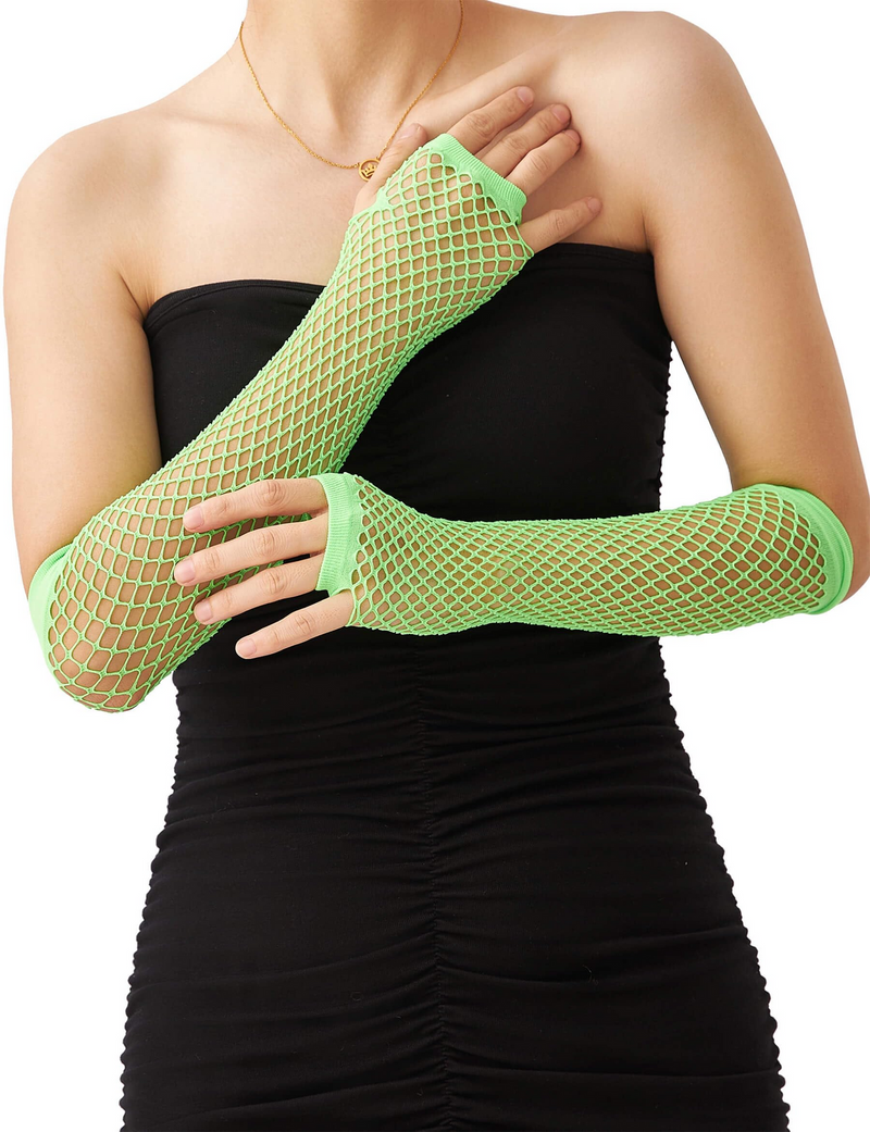 12x Long Elbow Length Fishnet Gloves Fingerless 70s 80s Womens Costume Party Bulk in Fluro Green