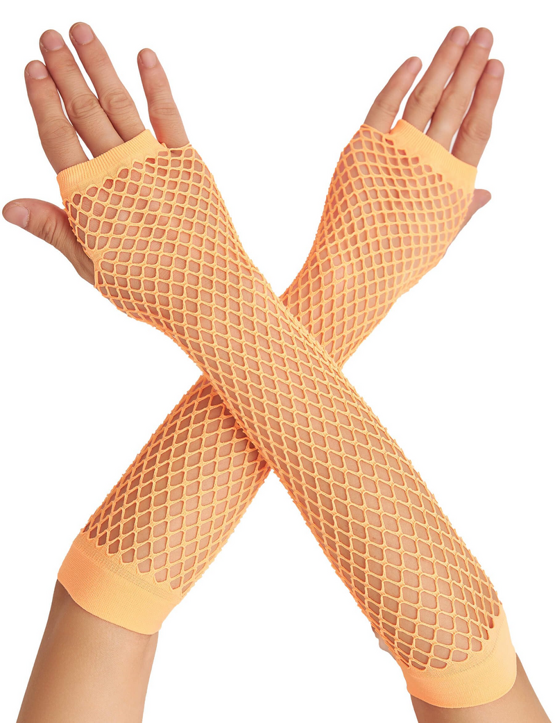 12x Long Elbow Length Fishnet Gloves Fingerless 70s 80s Womens Costume Party Bulk in Orange