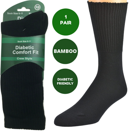 1 Pair DIABETIC BAMBOO Socks Work Socks Medical Loose Top Crew Cushion BLACK - 11-14