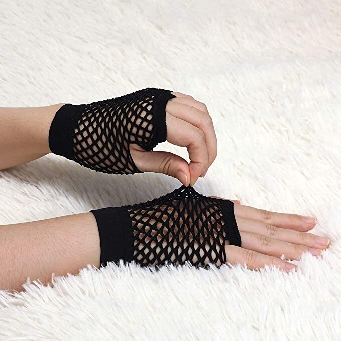 24 Pair Fishnet Gloves Fingerless Wrist Length 70s 80s Costume Party - Black