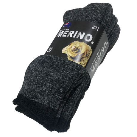 3 Pairs MERINO WOOL SOCKS Mens Heavy Duty Premium Thick Work Socks Cushion - Charcoal - 11-14