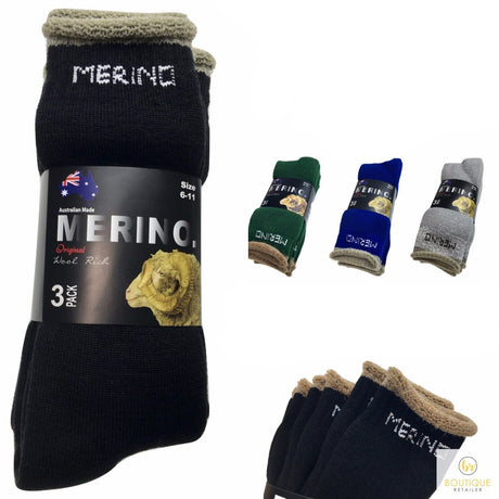 3 Pairs MERINO WOOL SOCKS Mens Heavy Duty Premium Thick Work Socks Cushion - Red - 11-14