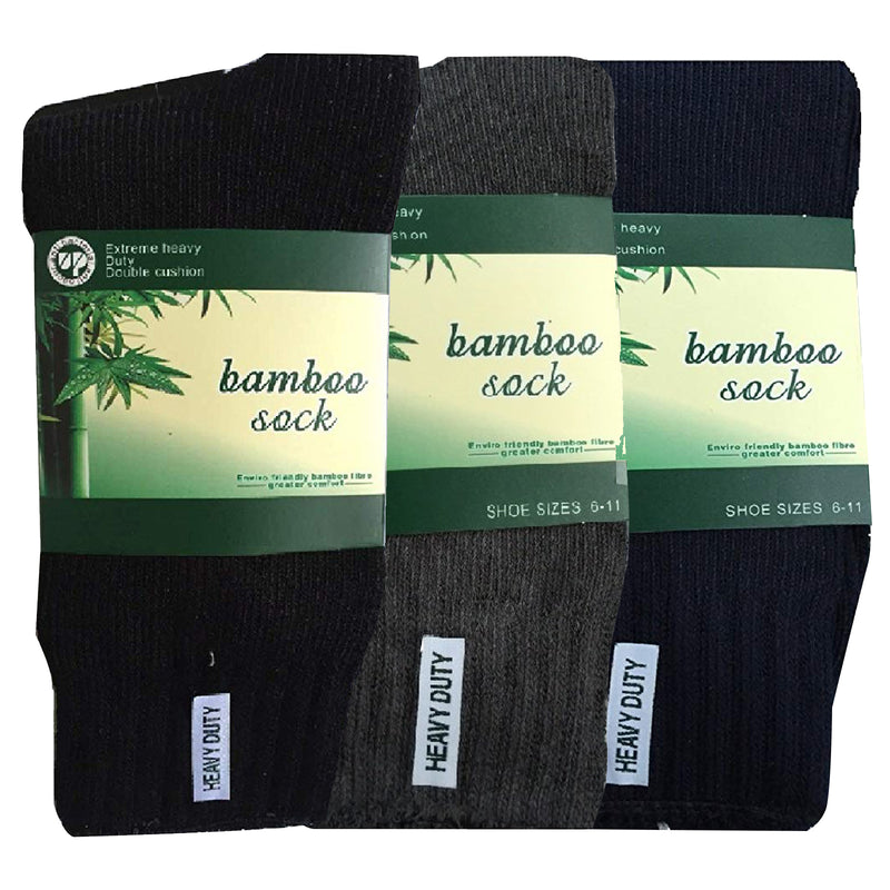 3 Pairs BAMBOO SOCKS Mens Heavy Duty Premium Thick Work Socks Cushion BULK - Assorted Colour Pack - 6-11
