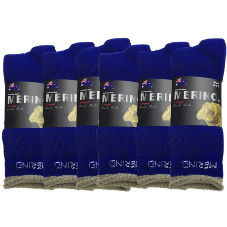 6 Pairs MERINO WOOL SOCKS Mens Heavy Duty Premium Thick Work Socks Cushion BULK - Blue - 6-11