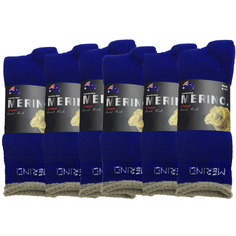 6 Pairs MERINO WOOL SOCKS Mens Heavy Duty Premium Thick Work Socks Cushion BULK - Blue - 6-11
