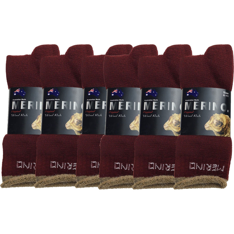 6 Pairs MERINO WOOL SOCKS Mens Heavy Duty Premium Thick Work Socks Cushion BULK - Burgundy - 11-14
