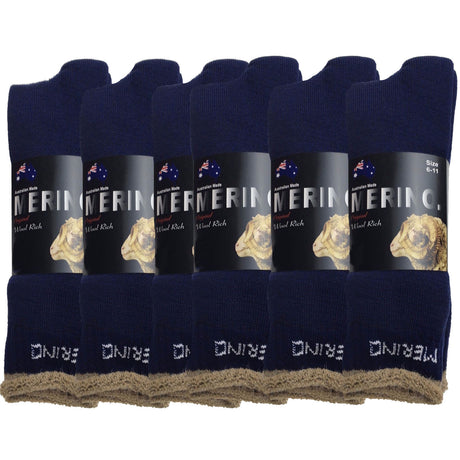 6 Pairs MERINO WOOL SOCKS Mens Heavy Duty Premium Thick Work Socks Cushion BULK - Navy Blue - 6-11