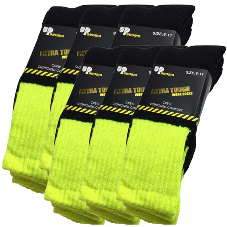 6x Pairs HI VIS SOCKS Workwear Work Safety Tradie High Visibility Fluro - Yellow - 6-11
