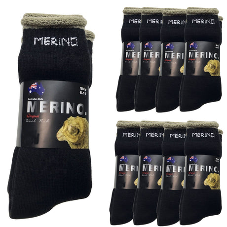 9 Pairs MERINO WOOL SOCKS Mens Heavy Duty Premium Thick Work Socks Cushion BULK - Black - 6-11