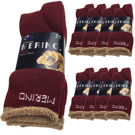 9 Pairs MERINO WOOL SOCKS Mens Heavy Duty Premium Thick Work Socks Cushion BULK - Burgundy - 6-11
