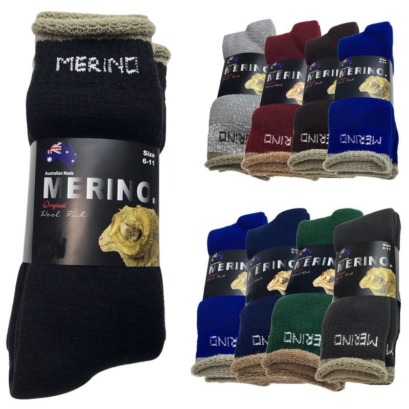 9 Pairs MERINO WOOL SOCKS Mens Heavy Duty Premium Thick Work Socks Cushion BULK - Mystery Mix of 2 Colours - 6-11