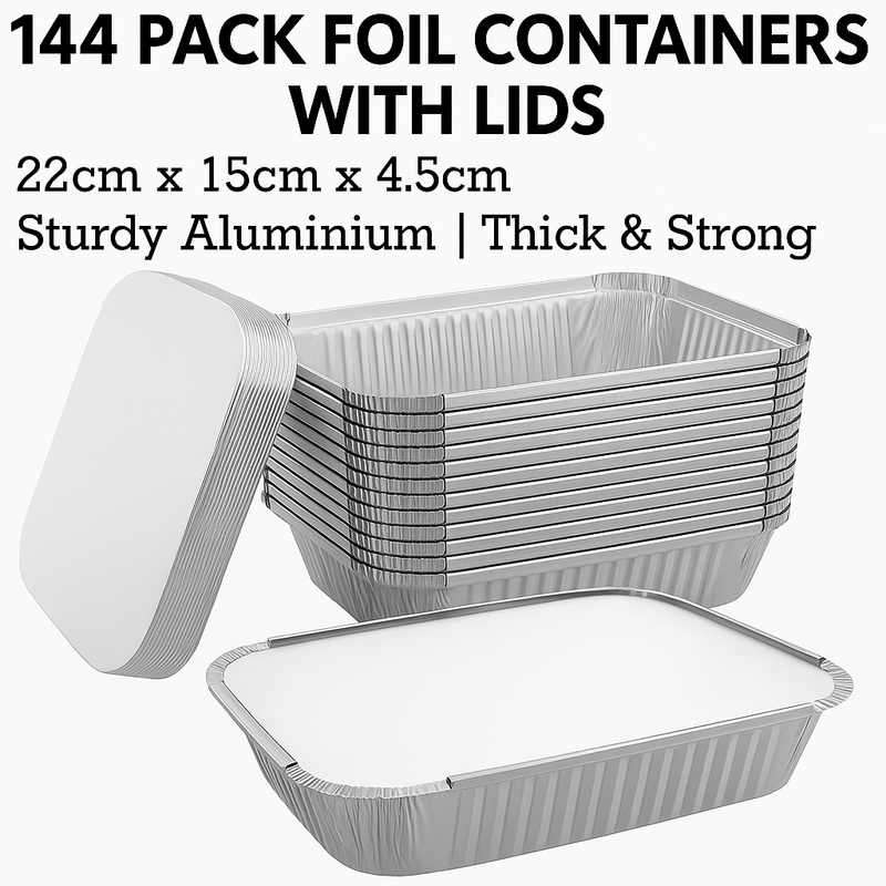 144x Aluminium Disposable Foil Food Container Trays Pans w/ Lids Covers Bulk 22cm*15cm*4.5cm