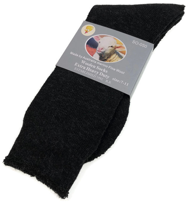 1 Pair Merino Wool Blend Woolen Work Socks Hiking Heavy Duty Warm Winter Thermal - Black - 7-11