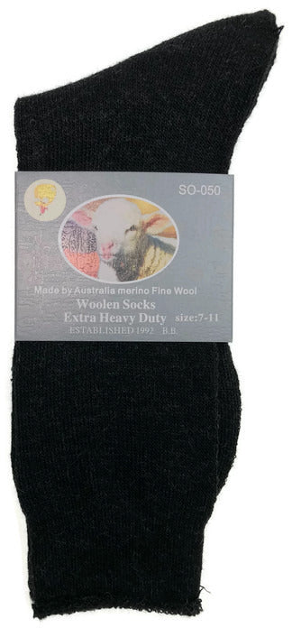 1 Pair Merino Wool Blend Woolen Work Socks Hiking Heavy Duty Warm Winter Thermal - Black - 7-11