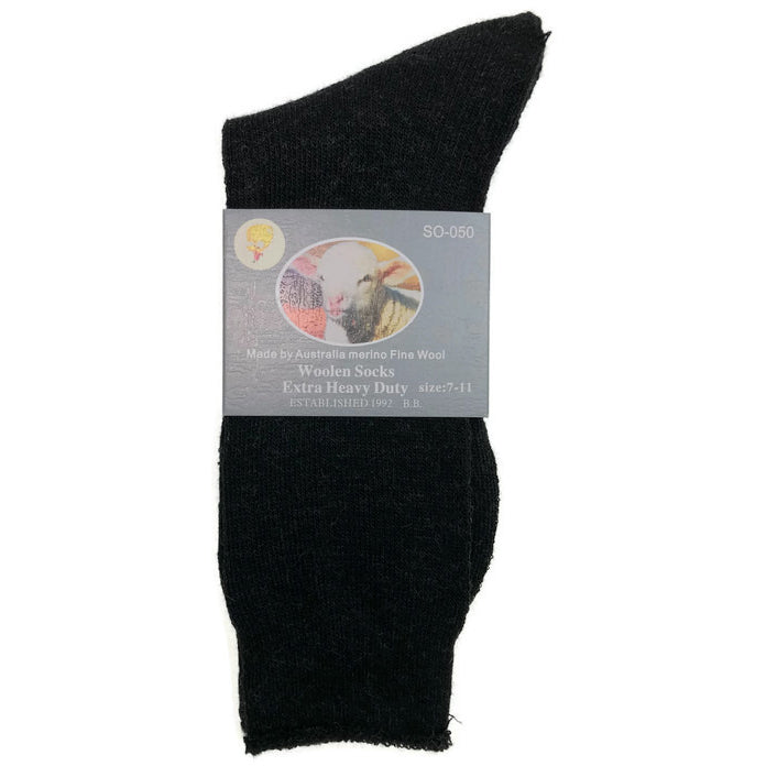 1 Pair Merino Wool Blend Woolen Work Socks Hiking Heavy Duty Warm Winter Thermal - Black - 7-11