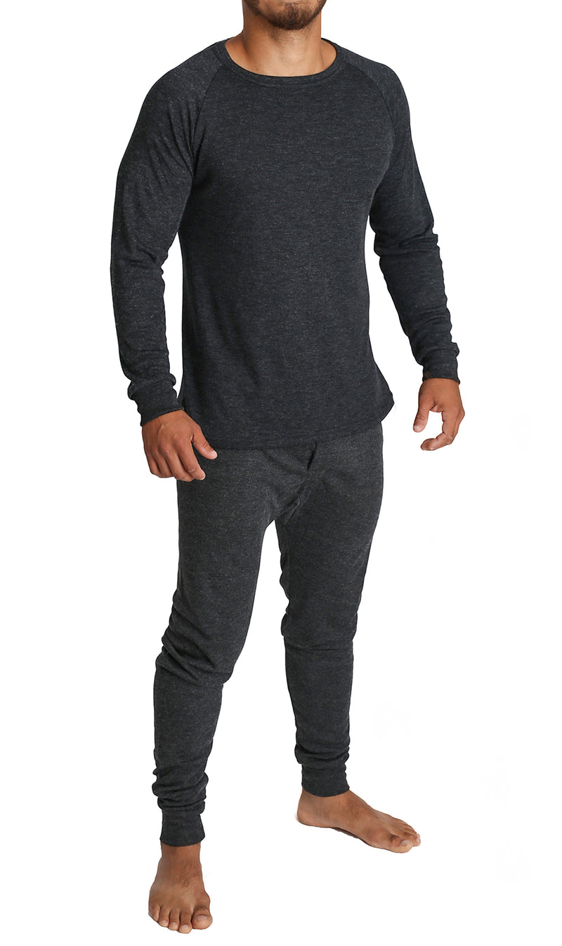 2pcs Set Mens Merino Wool Blend Long Sleeve Thermal Top & Long Johns Pants Underwear - Black - M