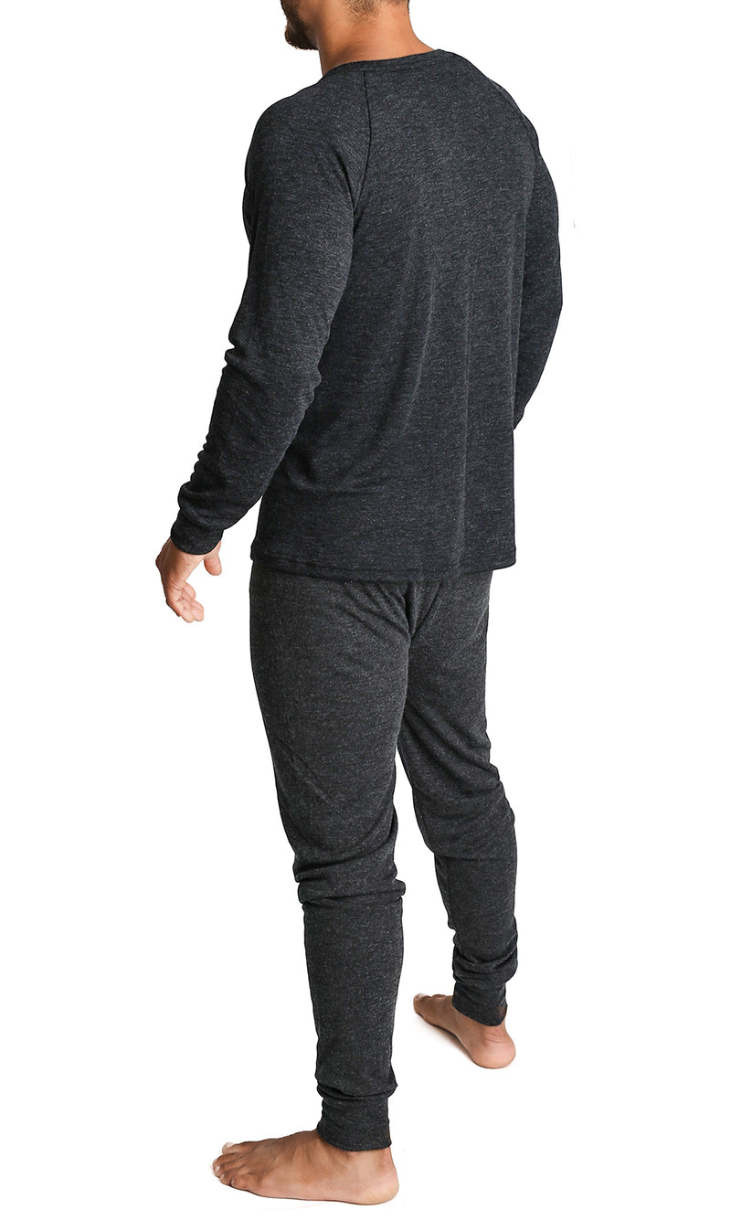 2pcs Set Mens Merino Wool Blend Long Sleeve Thermal Top & Long Johns Pants Underwear - Black - M