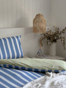 100% Cotton Duvet Quilt Cover Set w/ 2 Pillow Cases in Reversible Blue/Green/White Stripe - Double