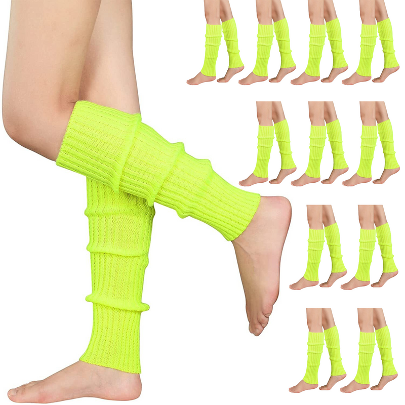 12x LEG WARMERS Knitted Womens Costume Neon Dance Party Knit 80s BULK - Fluro Yellow