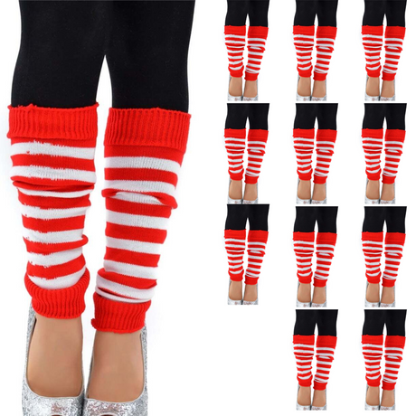 12x LEG WARMERS Knitted Womens Costume Neon Dance Party Knit 80s BULK - Red/White Stripe