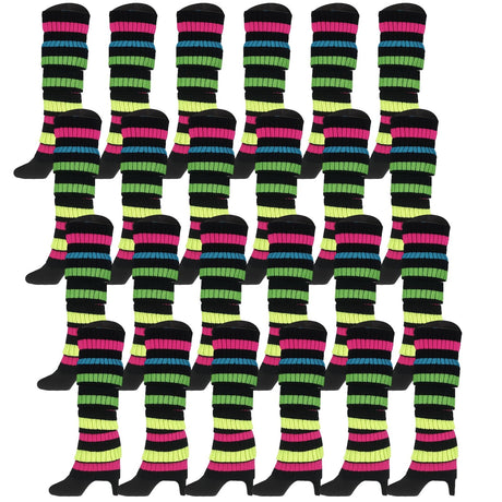 24x Womens Leg Warmers Disco Winter Knit Dance Party Crochet Legging Socks Costume - Rainbow with Black Stripe