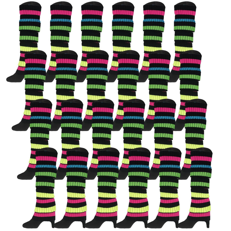 24x Womens Leg Warmers Disco Winter Knit Dance Party Crochet Legging Socks Costume - Rainbow with Black Stripe