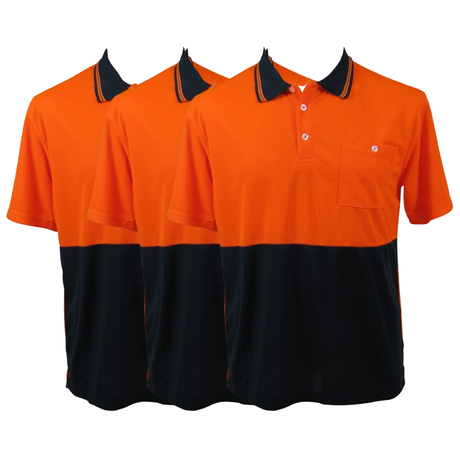 3x HI VIS Polo Shirt Top Tee Safety Workwear Short Sleeve Breathable Mesh BULK - Orange/Navy - 4XL (26)