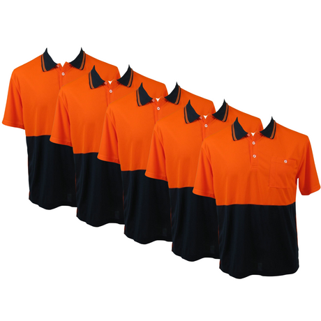 5x HI VIS Polo Shirt Top Tee Safety Workwear Short Sleeve Breathable Mesh BULK - Orange/Navy - XL (20)