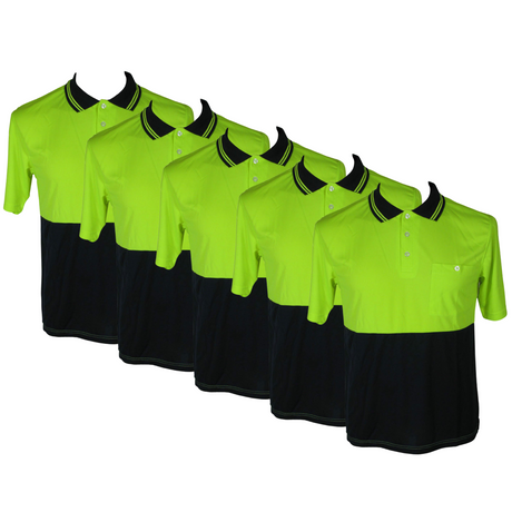 5x HI VIS Polo Shirt Top Tee Safety Workwear Short Sleeve Breathable Mesh BULK - Yellow/Navy - L (18)