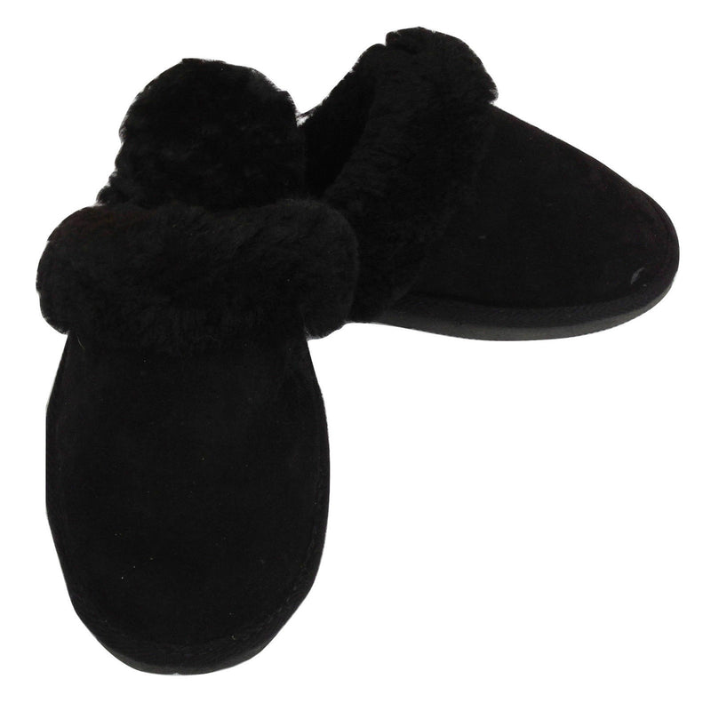 100% Sheepskin Moccasin Slippers Winter Genuine Scuffs Slip On Mens Womens - Black (with fur) - 8