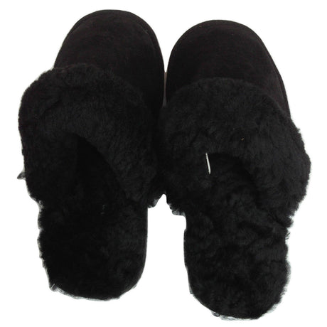 100% Sheepskin Moccasin Slippers Winter Genuine Scuffs Slip On Mens Womens - Black (with fur) - 8