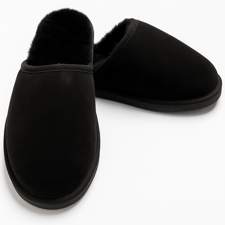 100% Sheepskin Moccasin Slippers Winter Genuine Scuffs Slip On Mens Womens - Black (without fur) - 8