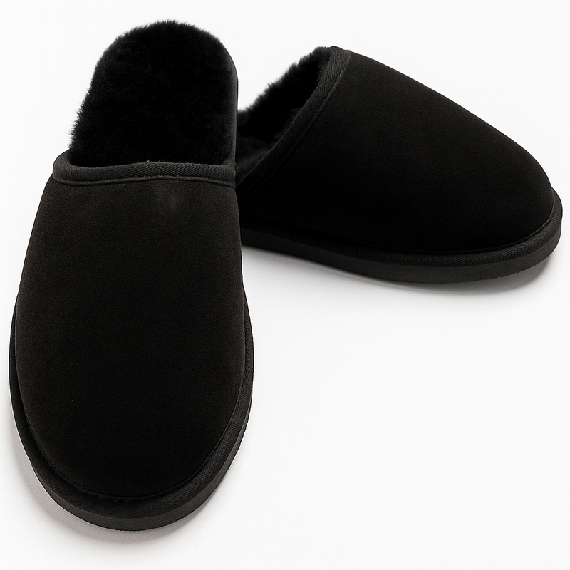 100% Sheepskin Moccasin Slippers Winter Genuine Scuffs Slip On Mens Womens - Black (without fur) - 8