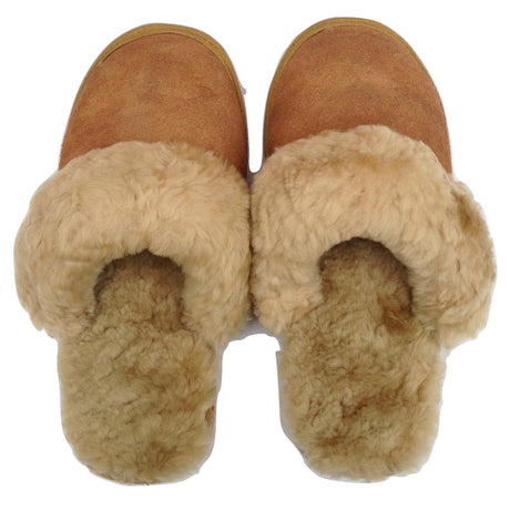 100% Sheepskin Moccasin Slippers Winter Genuine Scuffs Slip On Mens Womens - Chestnut (with fur) - 7