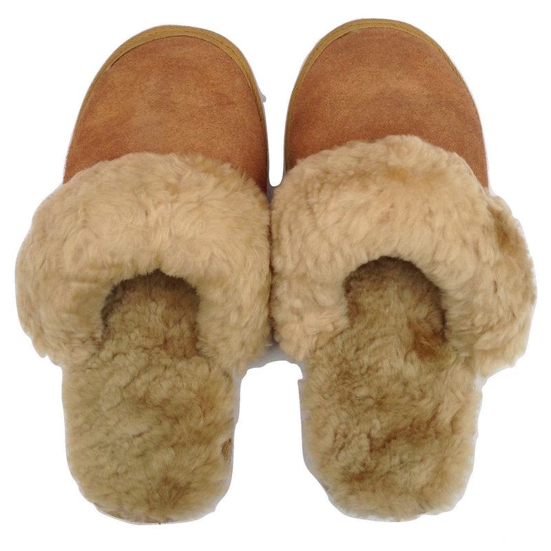 100% Sheepskin Moccasin Slippers Winter Genuine Scuffs Slip On Mens Womens - Chestnut (with fur) - 7
