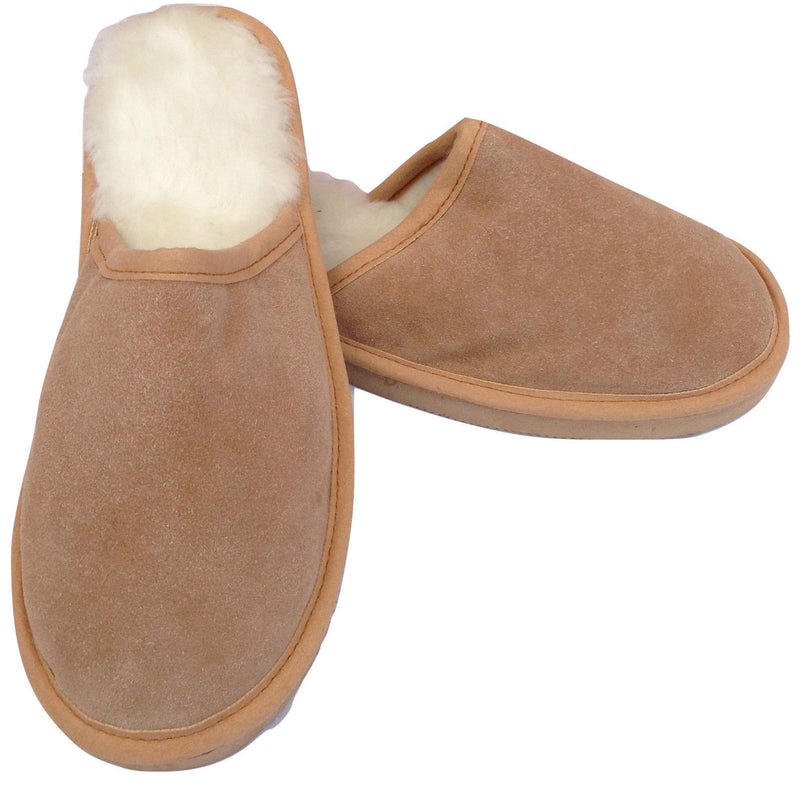 100% Sheepskin Moccasin Slippers Winter Genuine Scuffs Slip On Mens Womens - Chestnut (without fur) - 7