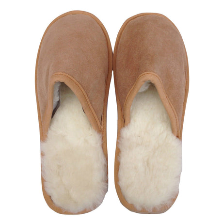 100% Sheepskin Moccasin Slippers Winter Genuine Scuffs Slip On Mens Womens - Chestnut (without fur) - 7