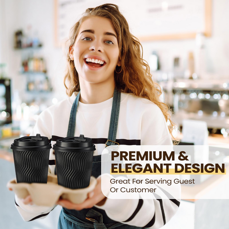 360x Triple Wall Paper Coffee Cups w/Lids (8oz) Disposable Takeaway Bulk in Black