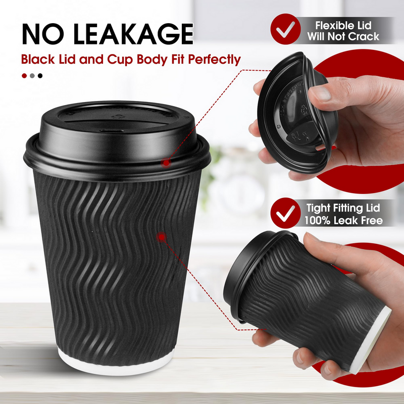 360x Triple Wall Paper Coffee Cups w/Lids (12oz) Disposable Takeaway Bulk in Black