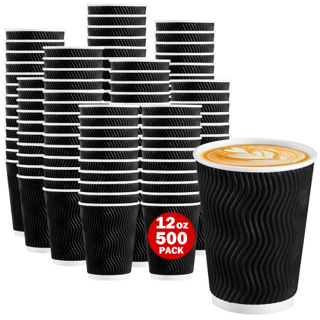 500x Triple Wall Coffee Cups (12oz) Disposable Takeaway BPA Free Paper Bulk in Black