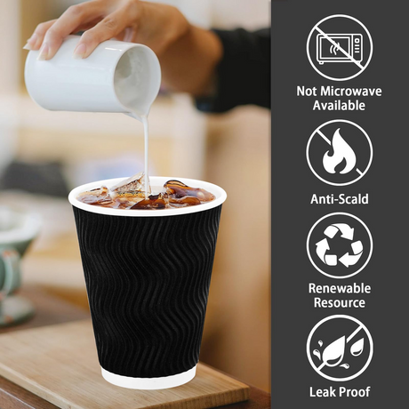 500x Triple Wall Coffee Cups (12oz) Disposable Takeaway BPA Free Paper Bulk in Black