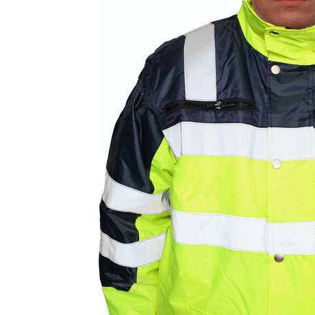 3-in-1 Hi Vis Quilted Safety Bomber Jacket Waterproof Reflective Workwear - Yellow/Navy - L