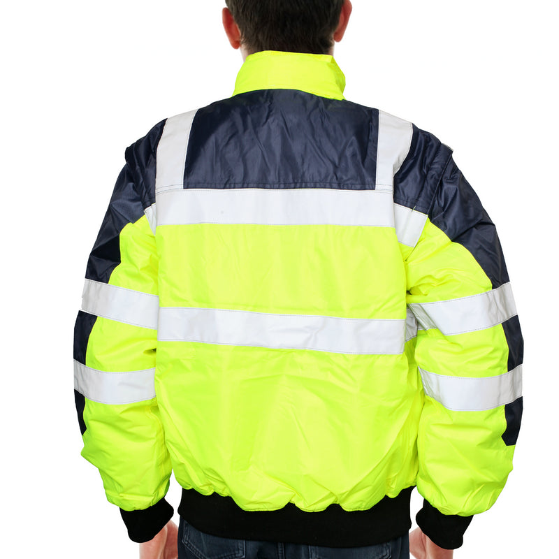 3-in-1 Hi Vis Quilted Safety Bomber Jacket Waterproof Reflective Workwear - Yellow/Navy - L