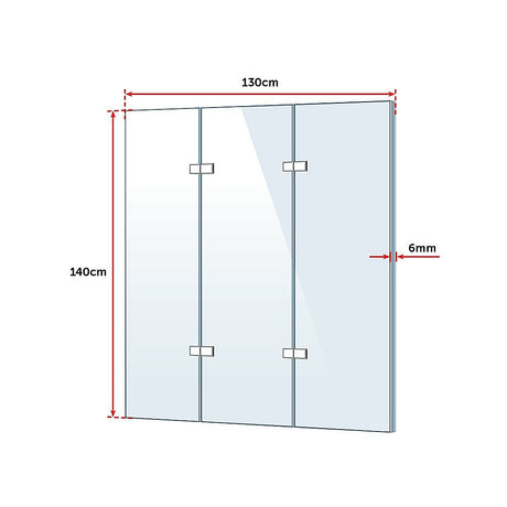 3 Fold Chrome Folding Bath Shower Screen Door Panel 1300mm x 1400mm