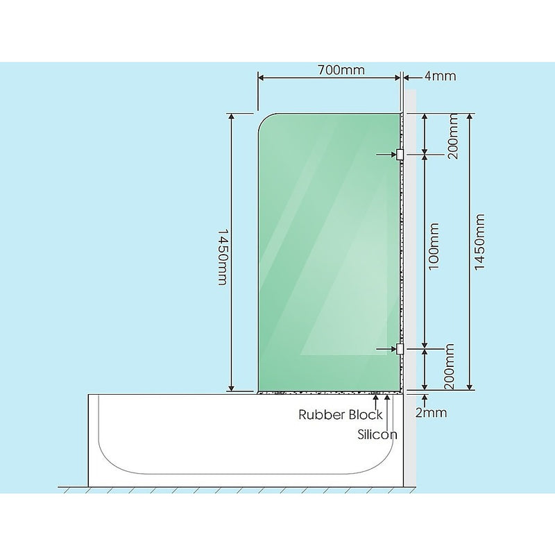 70cm Frameless Glass Bath Screen with Wall Channel - Gold