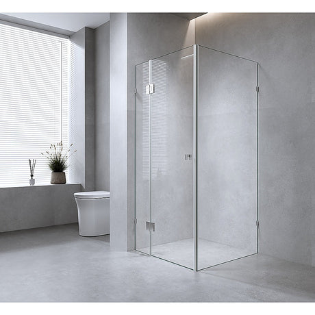 110x100cm Corner Frameless Shower Screen with Gunmetal Brackets and Brass Hinges, Square Knob Handle