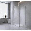 110x90cm Corner Frameless Shower Screen with Gunmetal Brackets and Brass Hinges, Square Double Pull Handle