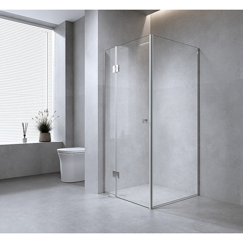 90x90cm Corner Frameless Shower Screen with Chrome Channel and Brass Hinges, Square Knob Handle