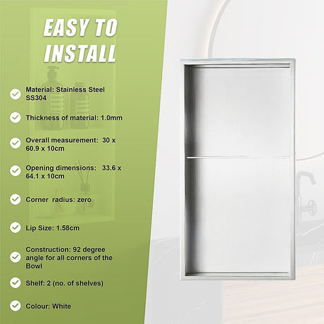 641 x 336 x 101mm Shower Niche Double Shelf Organizer No Tile Needed in White