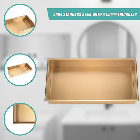 641 x 336 x 101mm Shower Niche Single Shelf Organizer No Tile Needed in Gold